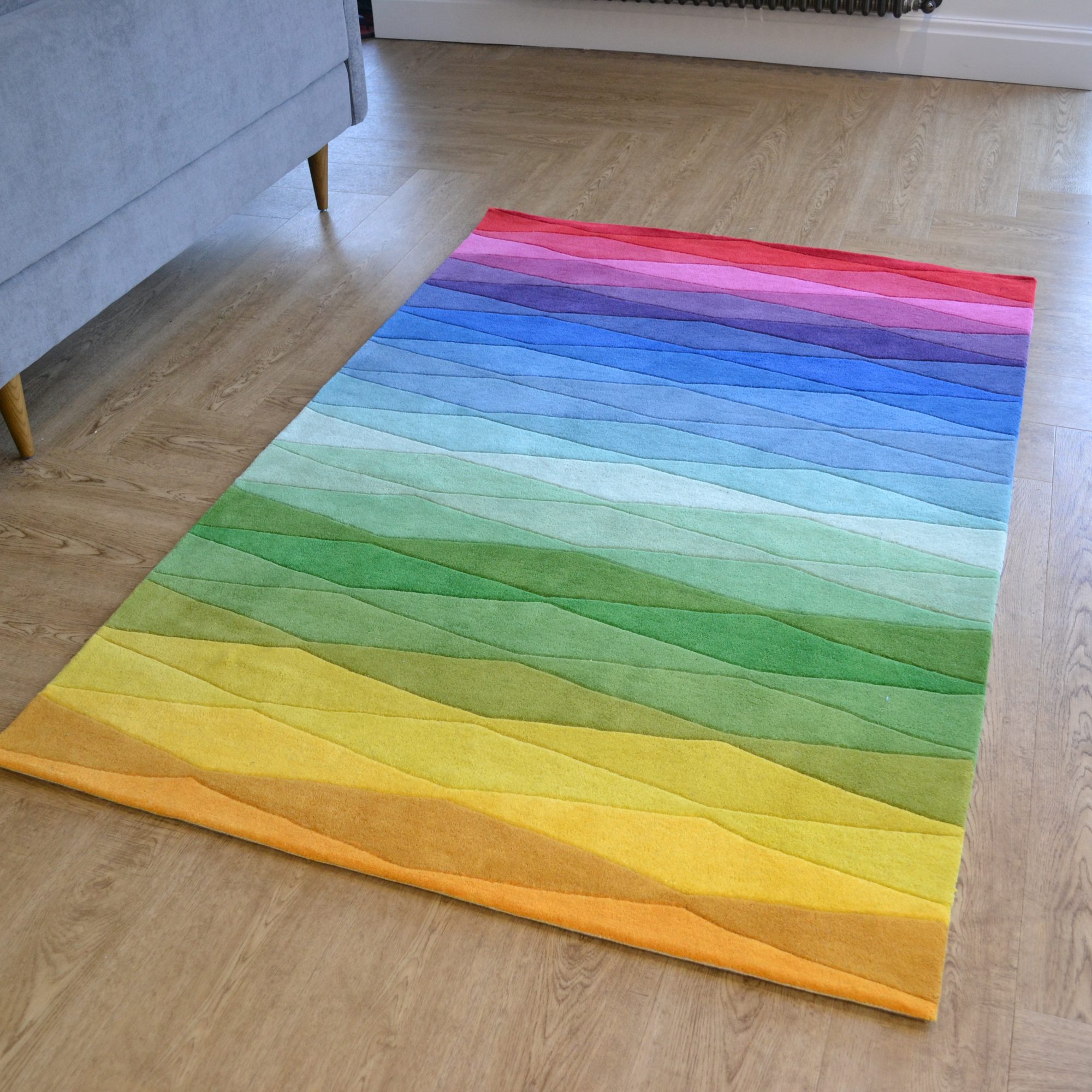 Rainbow Wave Colour Block Wool Rug In Multi